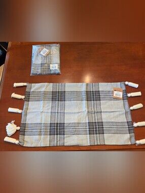 Set of 2 NWT Twilight Plaid Pillow Covers 25”x15” Tassles Button Closure Gray